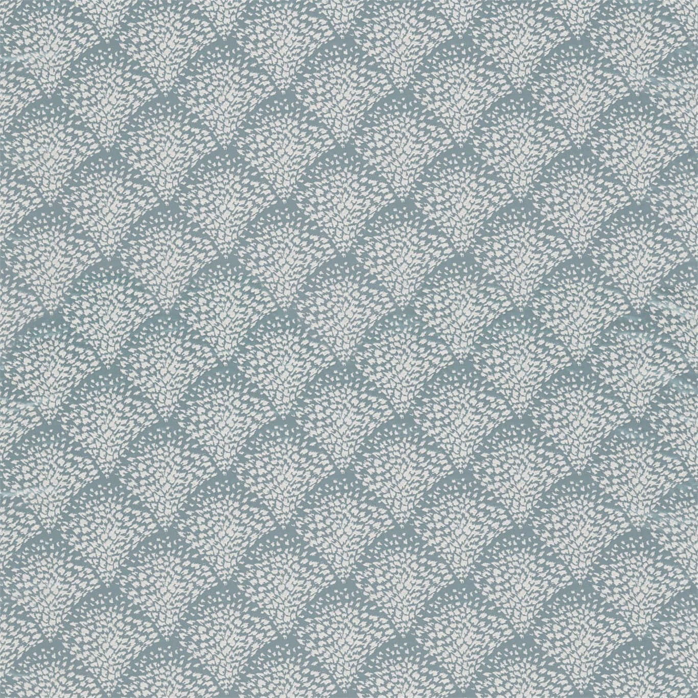 Muted blue-grey fabric with repeating ivory branching motifs and a finely textured woven surface