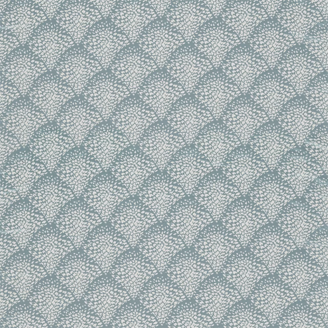 Muted blue-grey fabric with repeating ivory branching motifs and a finely textured woven surface