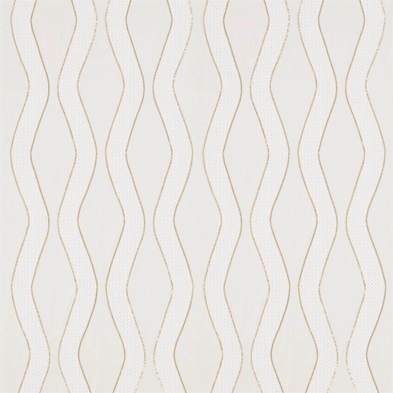 Ivory woven fabric with slim brass-gold undulating stripes and dotted texture
