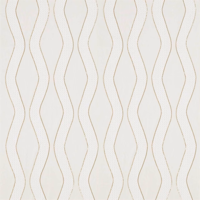 Ivory woven fabric with slim brass-gold undulating stripes and dotted texture