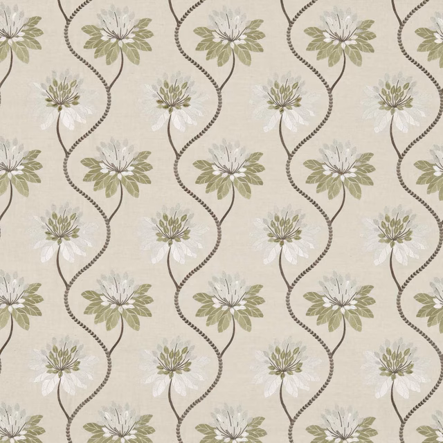 Warm ivory floral fabric with muted avocado leaves and winding dotted stems