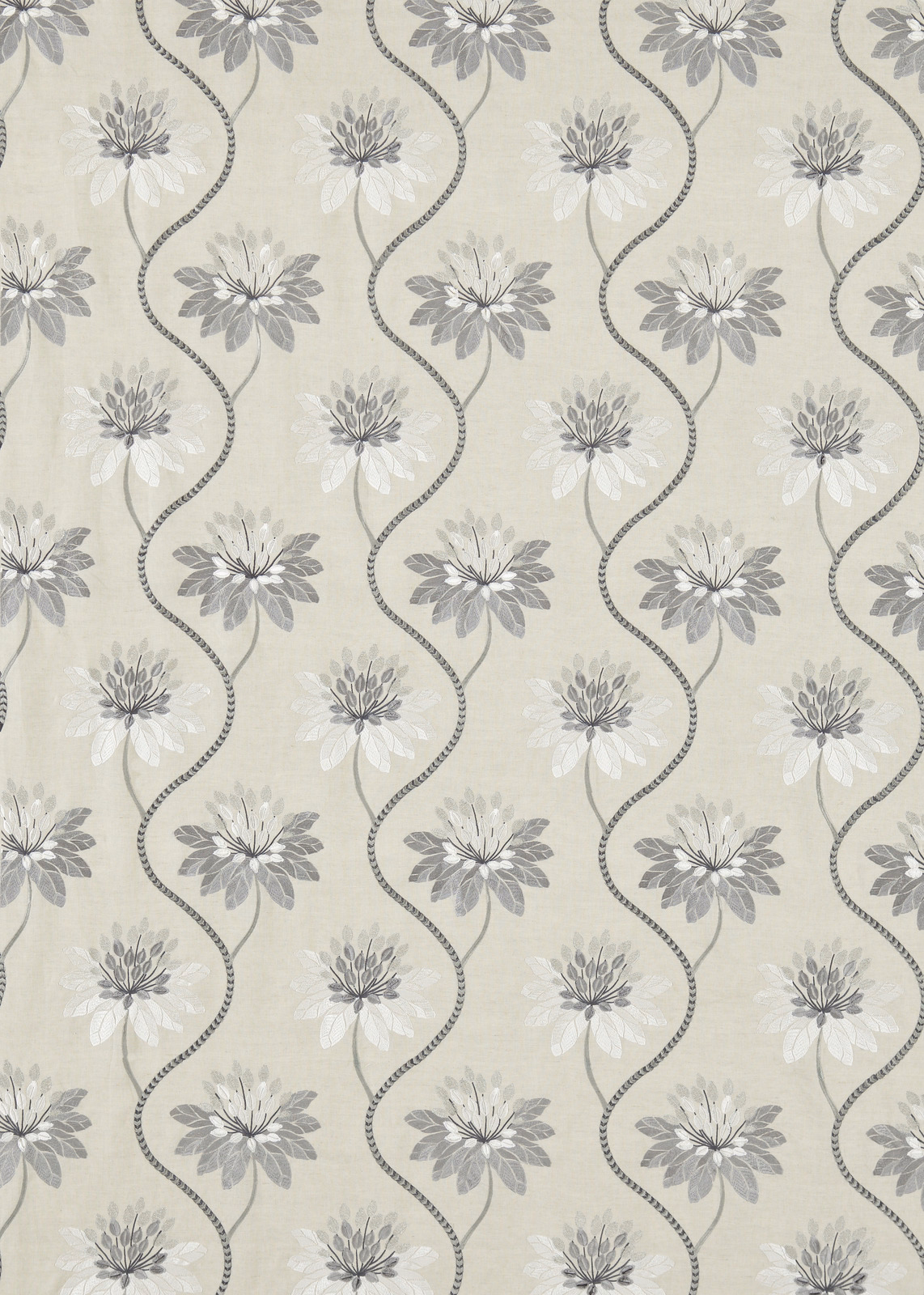 Cream fabric with dusty blue-grey flowers and curling dotted vines