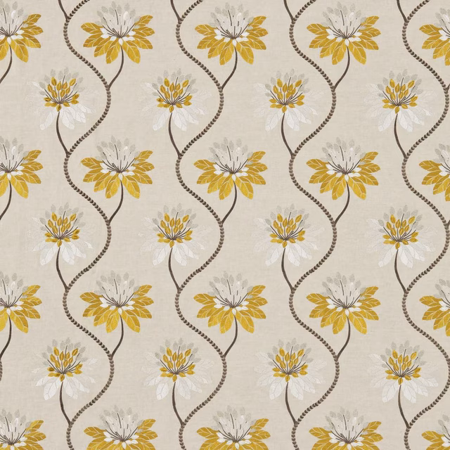 Mustard marigold flowers with looping dark dotted stems on an ivory textile