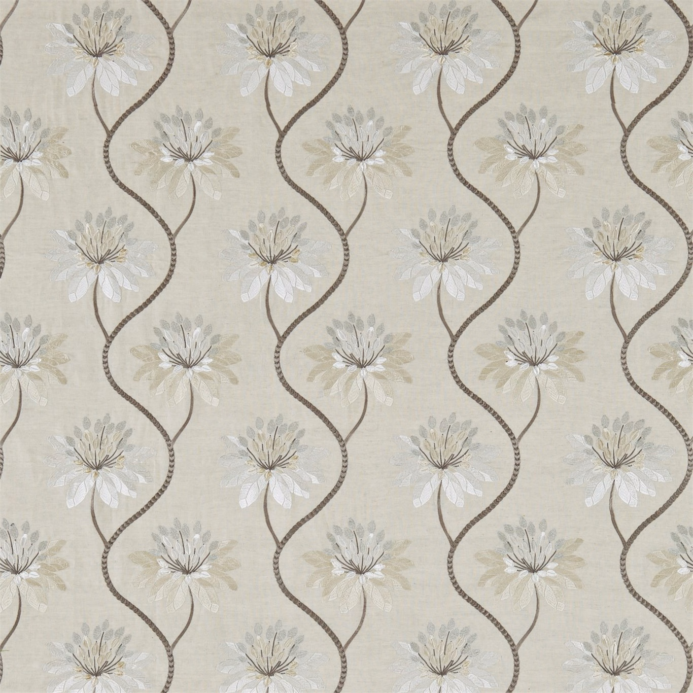 Pearl cream floral fabric with taupe serpentine stems and muted grey petals