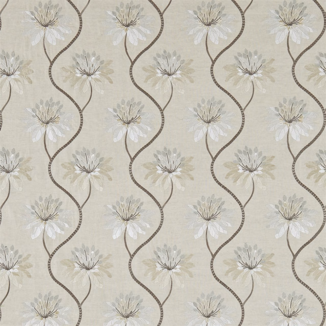 Pearl cream floral fabric with taupe serpentine stems and muted grey petals