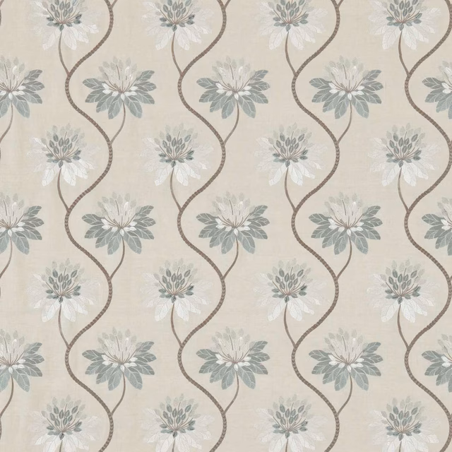 Cream textile with muted willow flowers and curling taupe vine trails