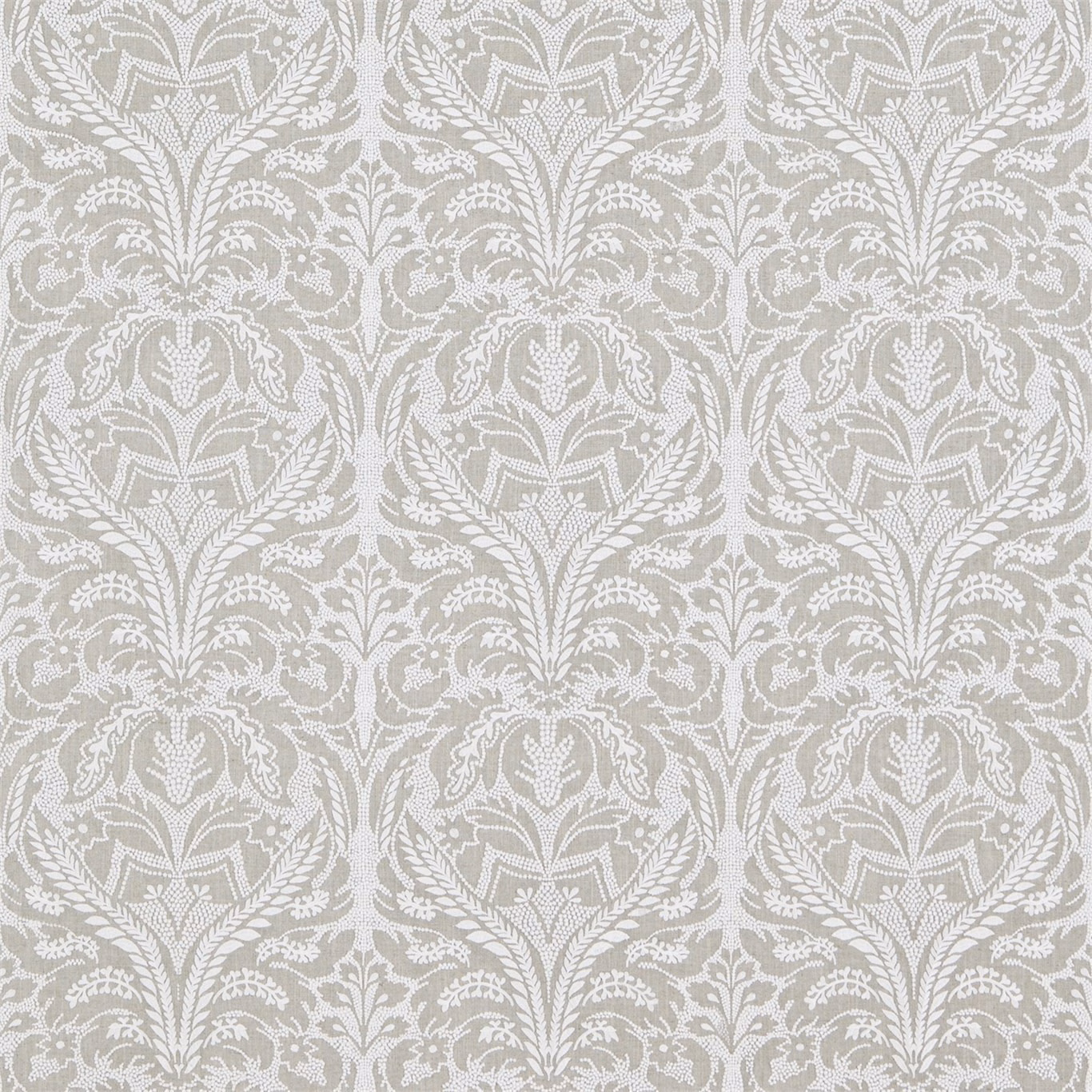 Soft greige damask fabric with ivory symmetrical botanical foliage and textured weave