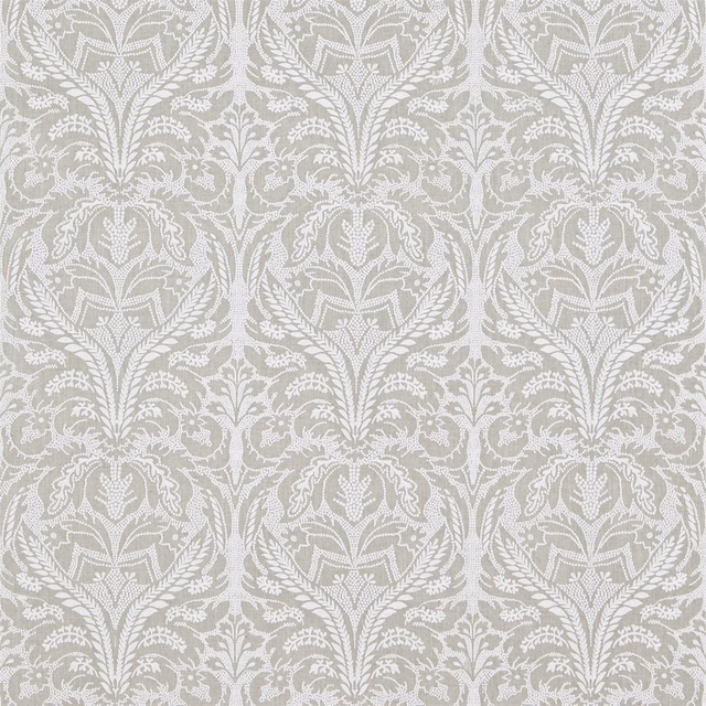 Soft greige damask fabric with ivory symmetrical botanical foliage and textured weave