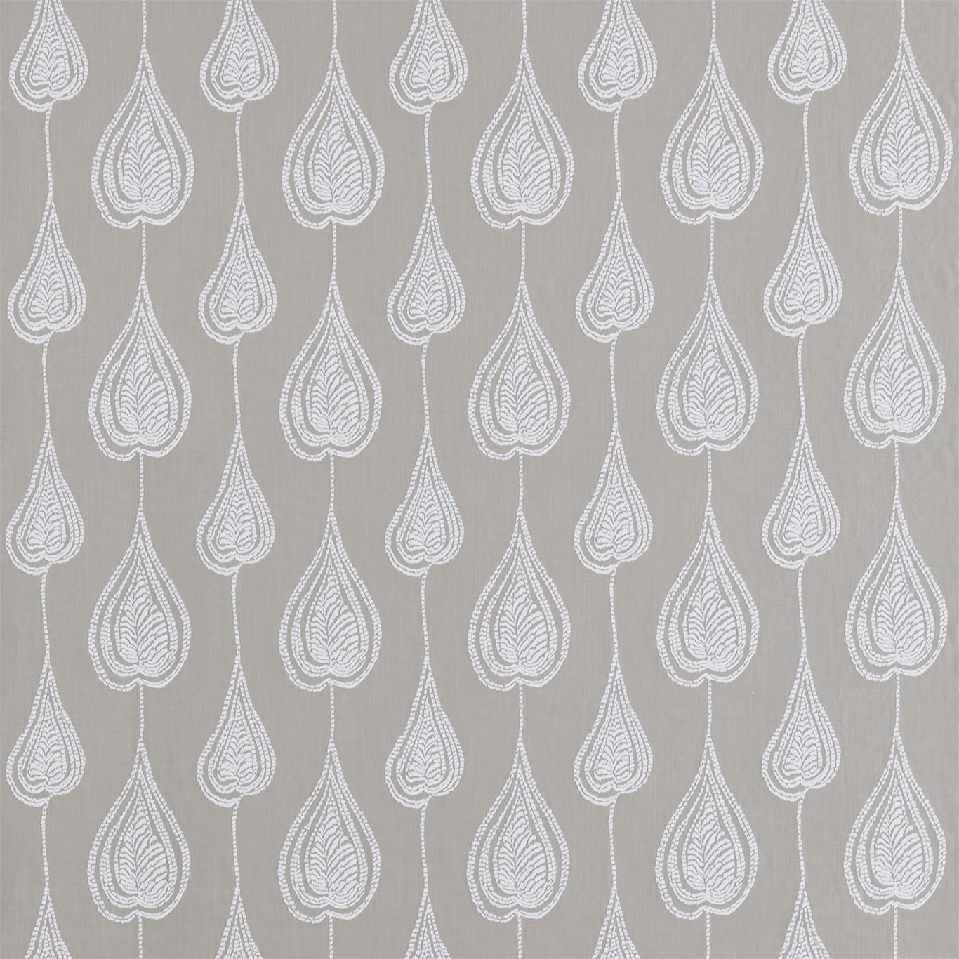 Cool French grey fabric with repeating white outlined teardrop leaf motifs