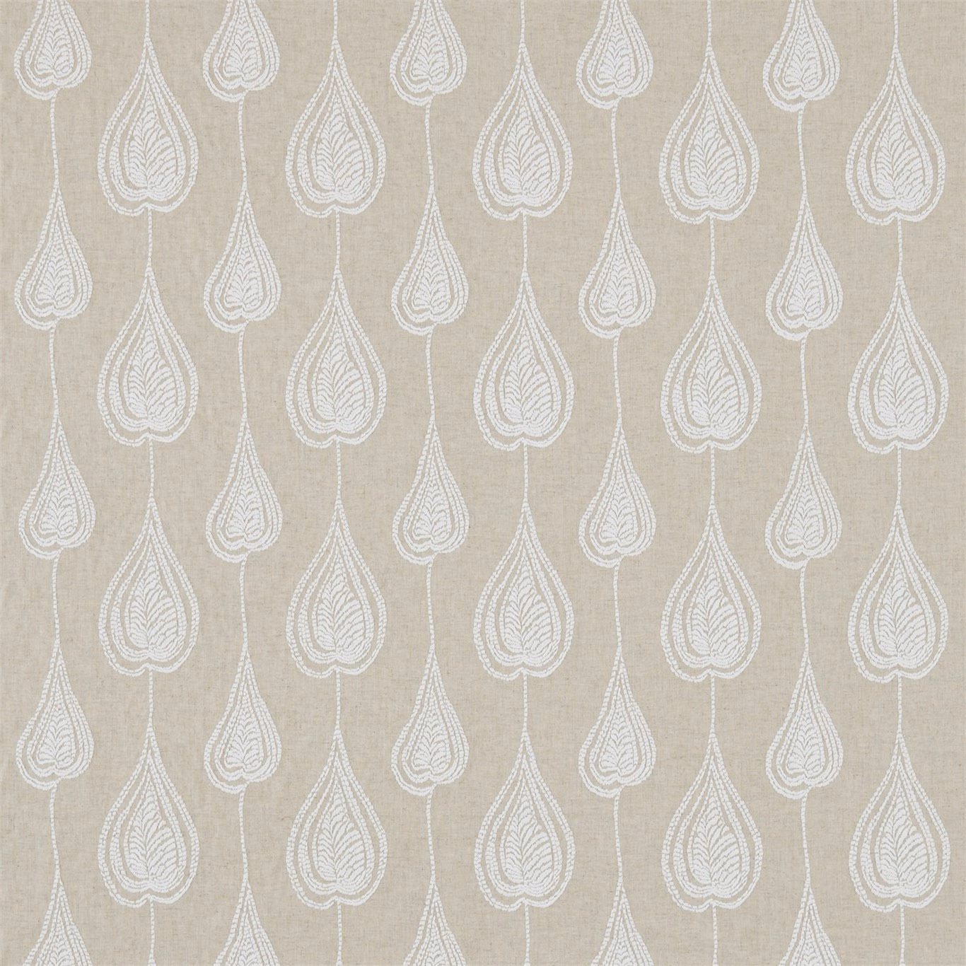 Warm oatmeal woven fabric with ivory teardrop leaf motifs in vertical rows