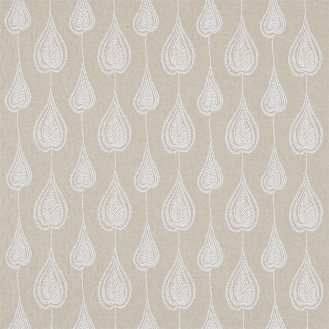 Warm oatmeal woven fabric with ivory teardrop leaf motifs in vertical rows