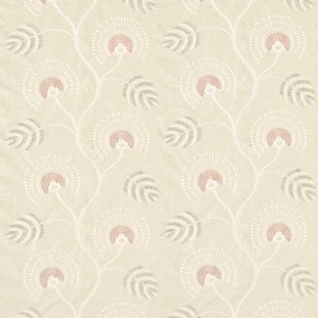 Pale pearl fabric with rose quartz fan blooms, grey leaves and white scrolling stems