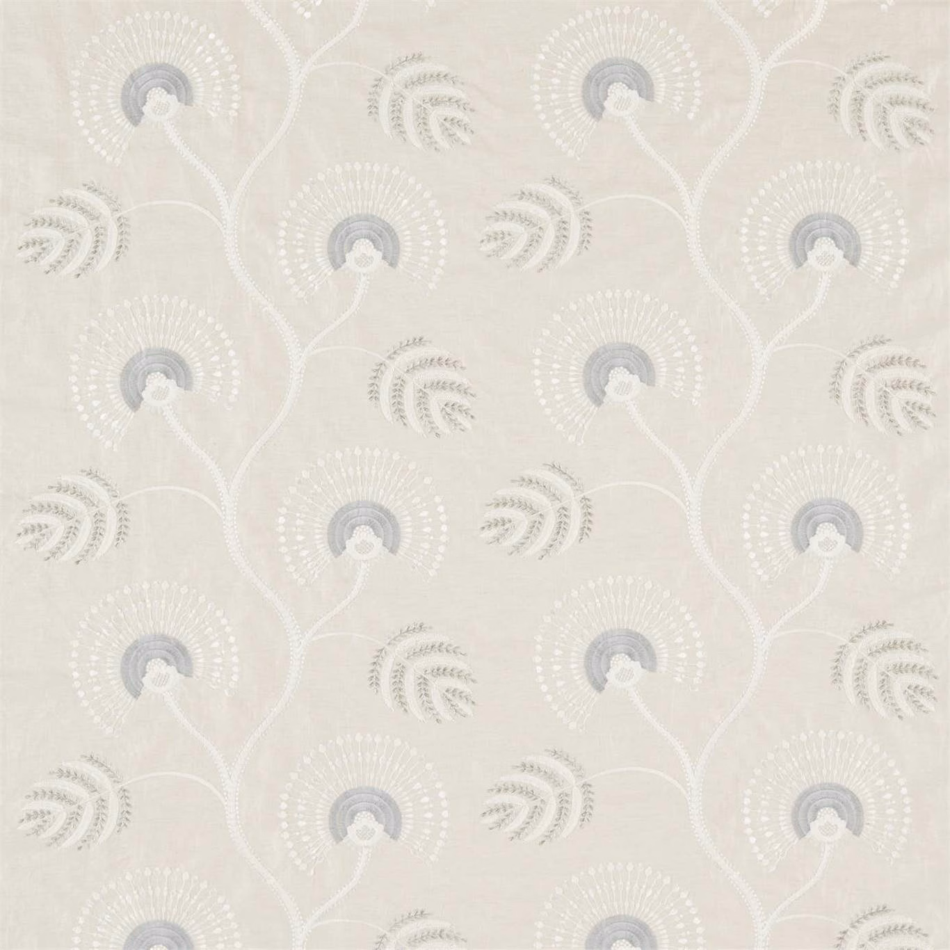 Pale pearl fabric with blue-grey fan motifs and curling white stems