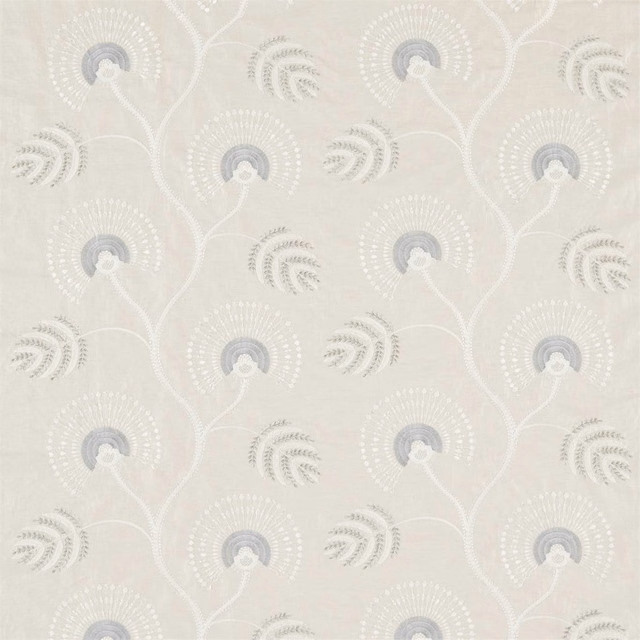 Pale pearl fabric with blue-grey fan motifs and curling white stems