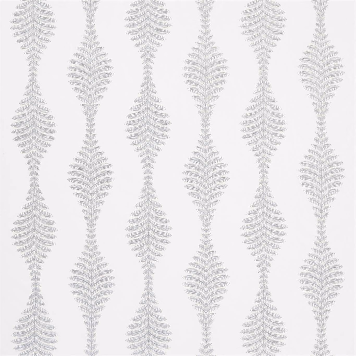 Slate-grey and brass-toned botanical fronds in a vertical repeat on pale fabric