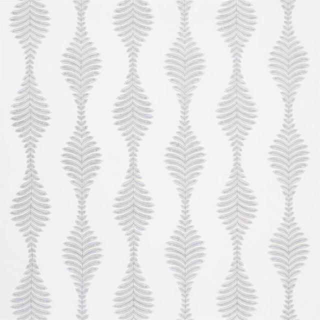 Slate-grey and brass-toned botanical fronds in a vertical repeat on pale fabric