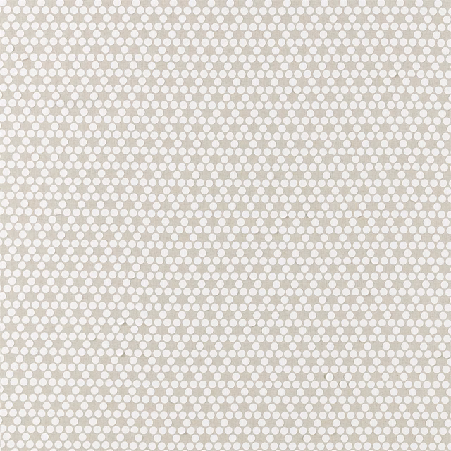 Warm jute-beige fabric with dense white circular geometric dots and a softly woven texture