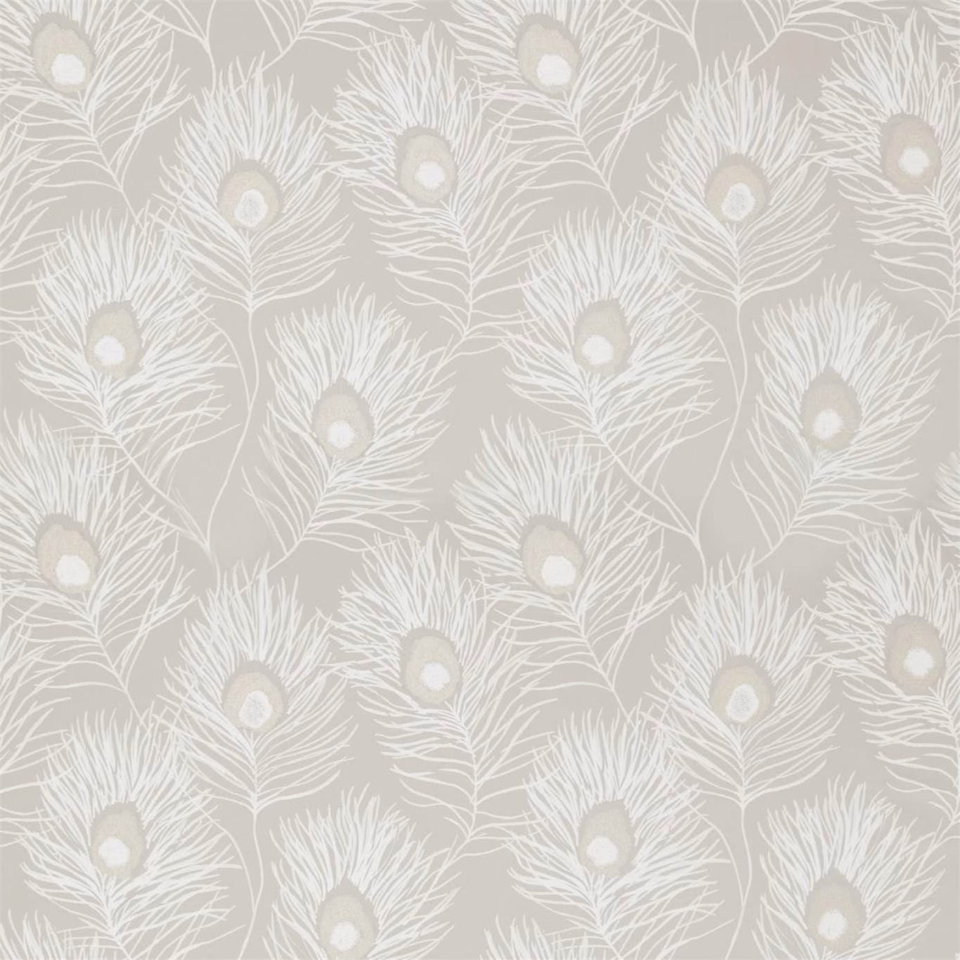 Pale pewter fabric with ivory peacock feathers and warm beige eyes