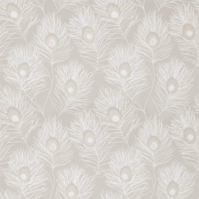 Pale pewter fabric with ivory peacock feathers and warm beige eyes