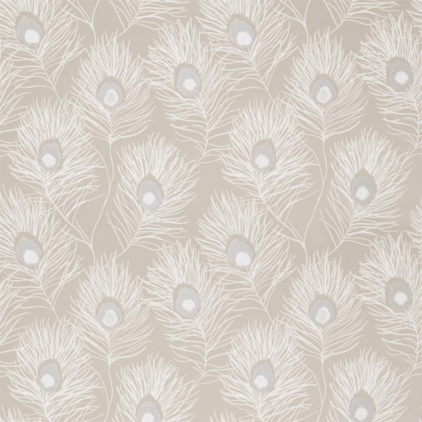 Putty taupe fabric with pale silver peacock feather motifs and fine plume detailing