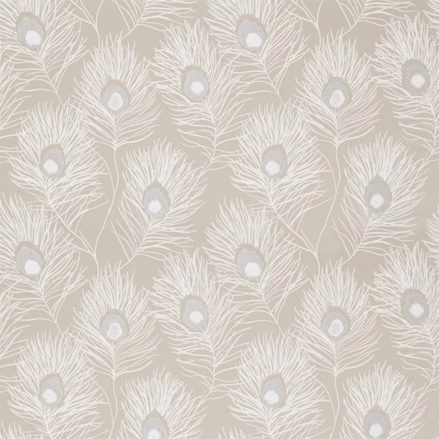 Putty taupe fabric with pale silver peacock feather motifs and fine plume detailing