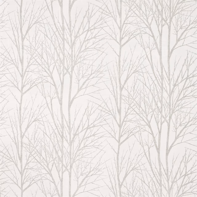 Chalk ivory fabric with delicate pebble-grey leafless tree branches in a fine weave