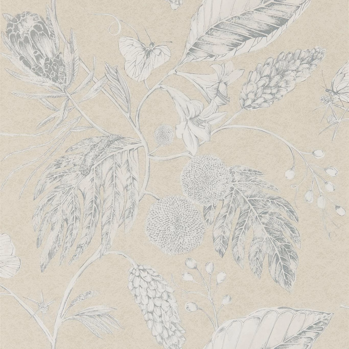 Warm jute-beige wallpaper with pale grey leaves, seed heads and oversized botanical stems
