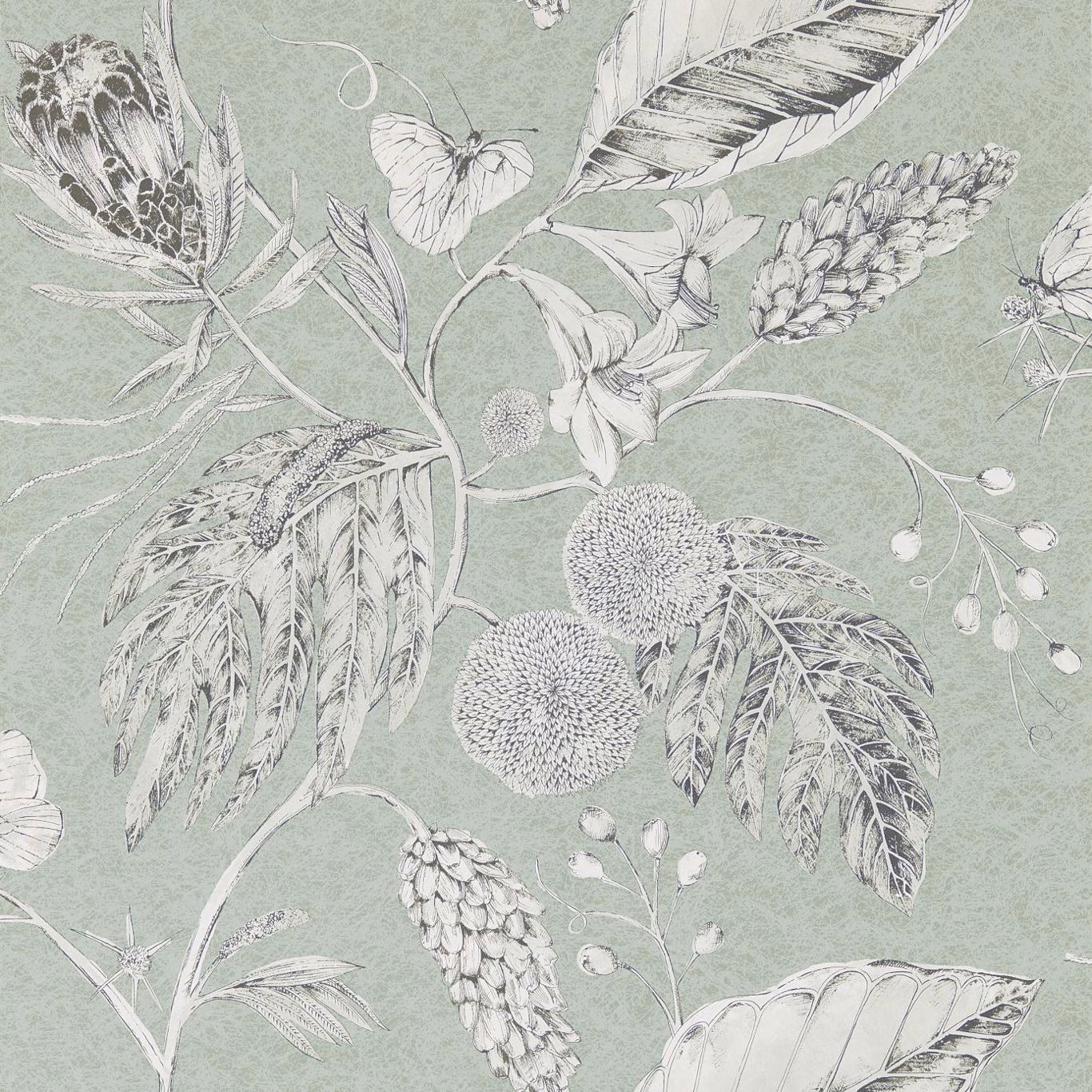 Muted seaglass wallpaper with grey-white leaves, thistles, blossoms and butterflies