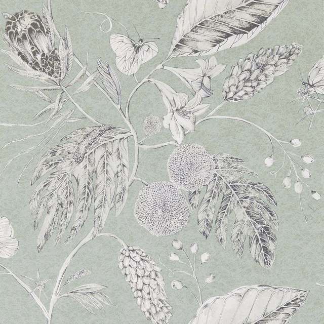 Muted seaglass wallpaper with grey-white leaves, thistles, blossoms and butterflies