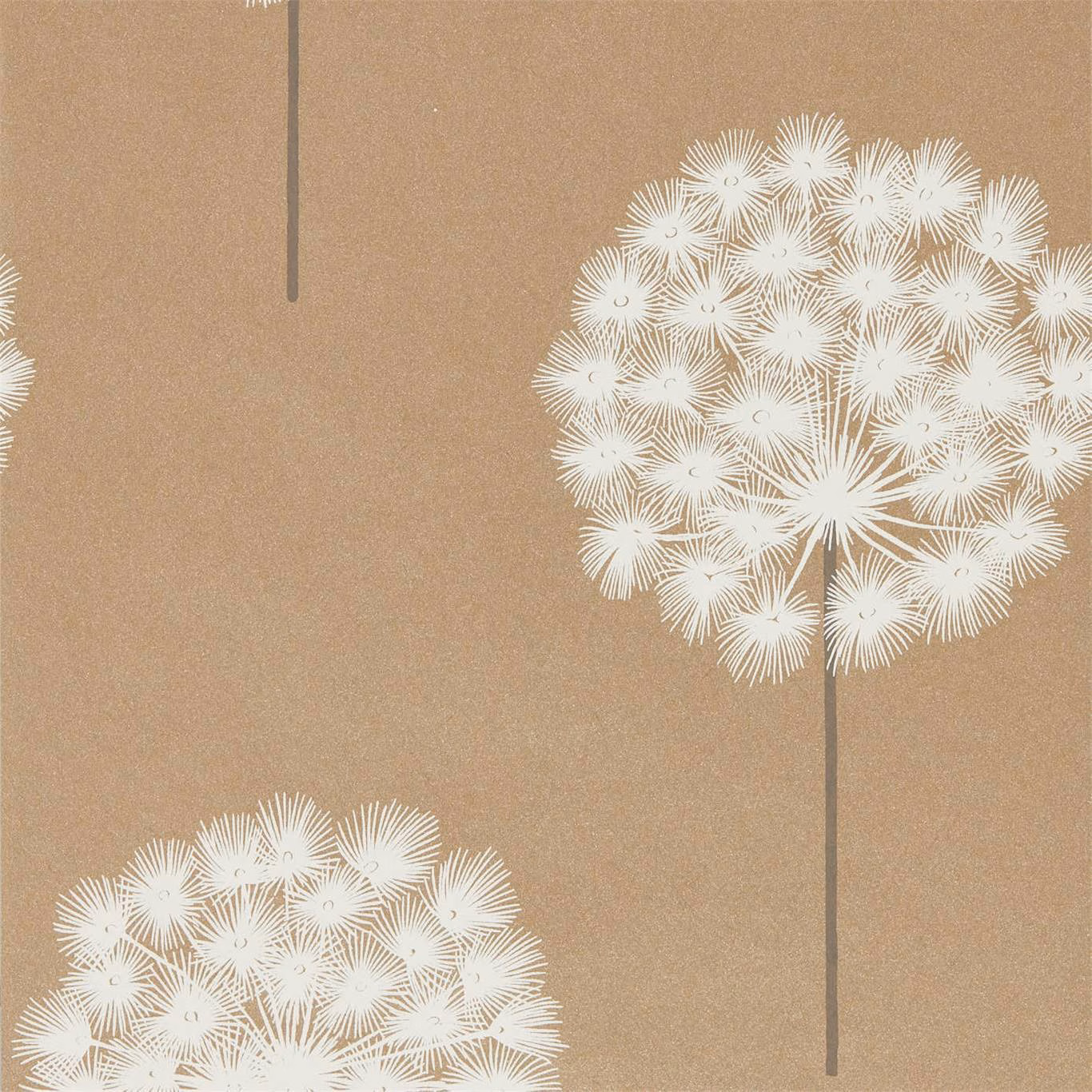 Warm brass wallpaper with ivory dandelion heads and slim pewter stems