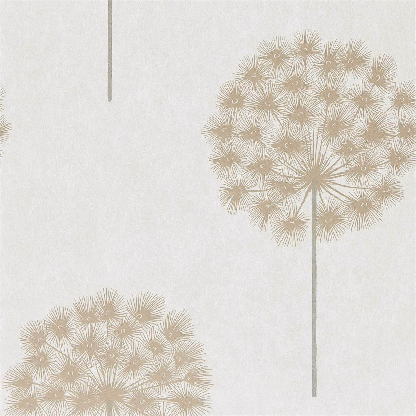 Warm chalk wallpaper with taupe radiating seed heads and slender vertical stems