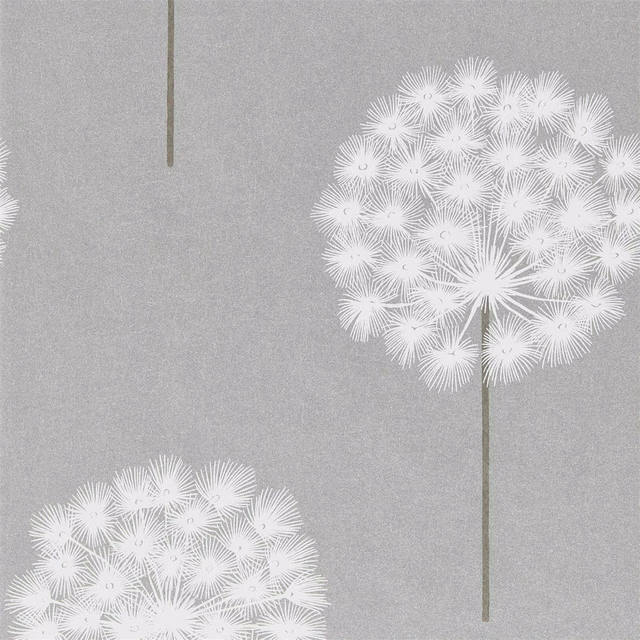 Silver-grey wallpaper with large chalk-white dandelion seed heads and slender stems