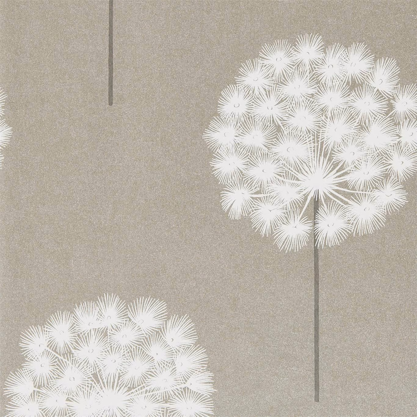 White dandelion seed-heads on a warm putty-grey textured wallpaper ground