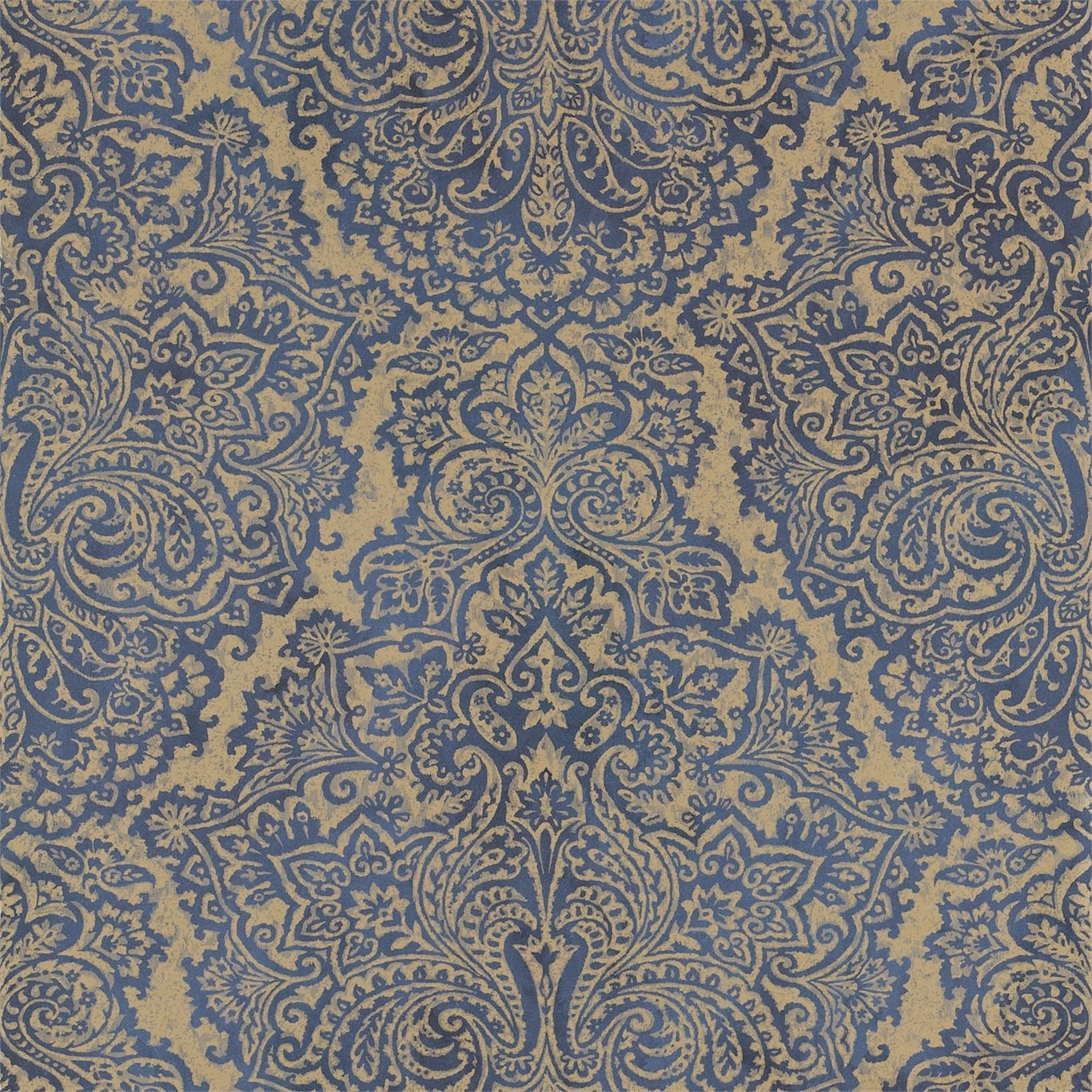 Sapphire blue damask scrolls over a muted taupe, lightly textured wallpaper ground