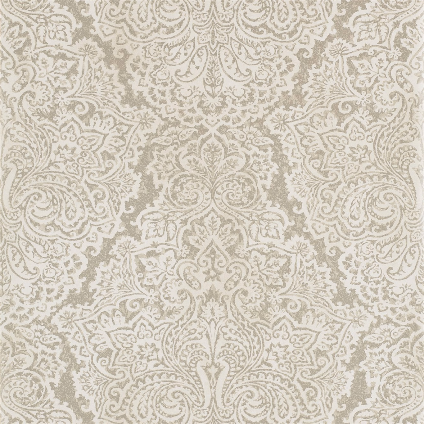 Ivory white-gold wallpaper with ornate scrolling damask and softly textured tonal detail