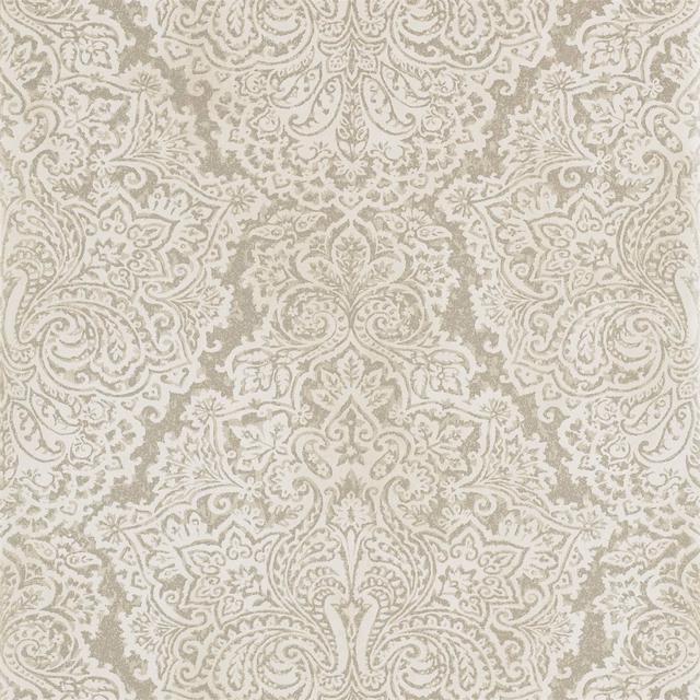 Ivory white-gold wallpaper with ornate scrolling damask and softly textured tonal detail