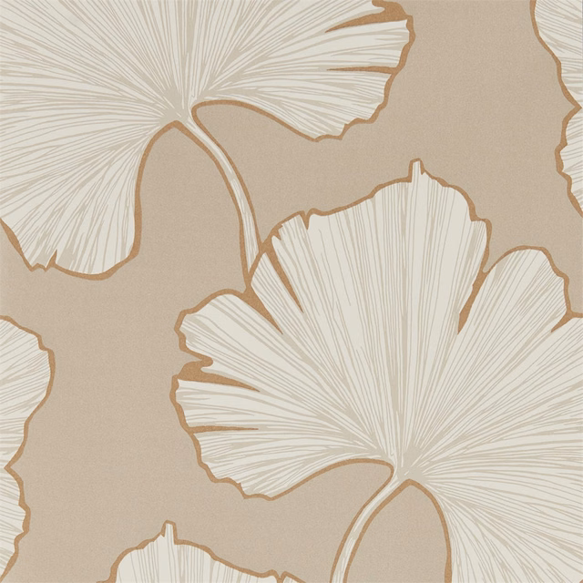 Warm champagne wallpaper with oversized ivory fan leaves and tan outlines