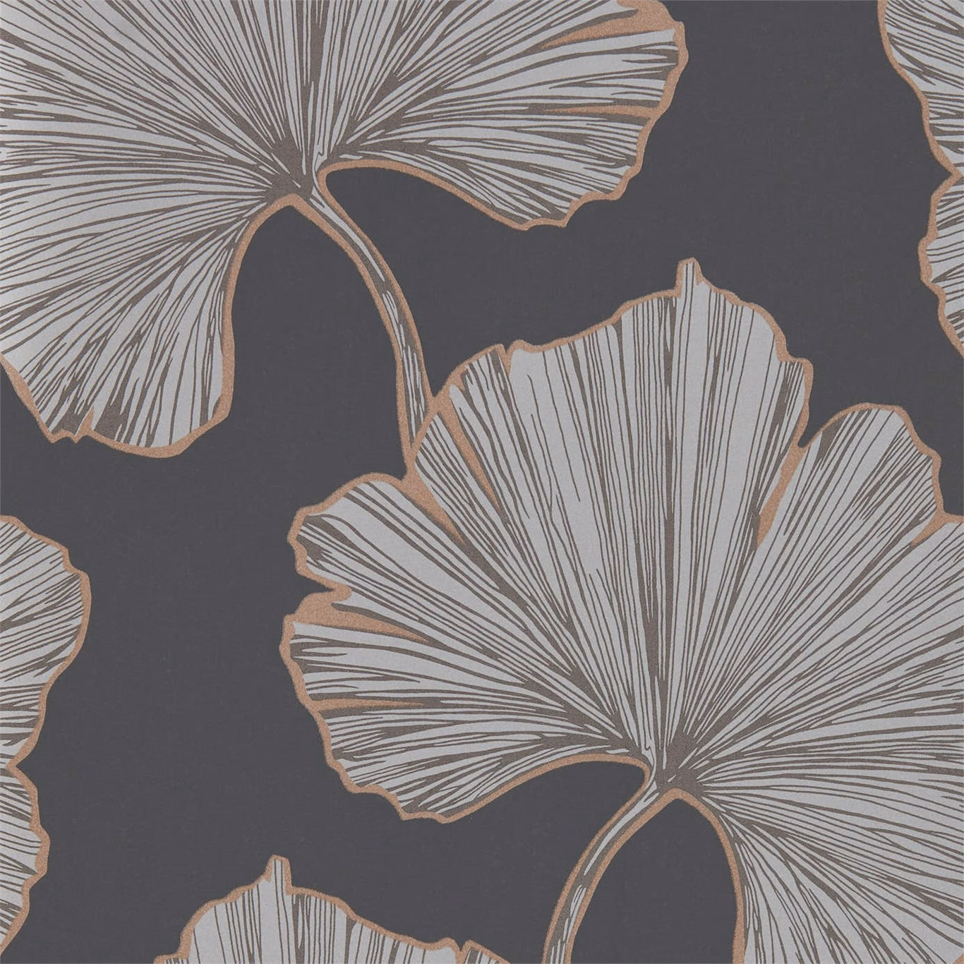 Charcoal wallpaper with oversized silver fan leaves and rose-gold outlines