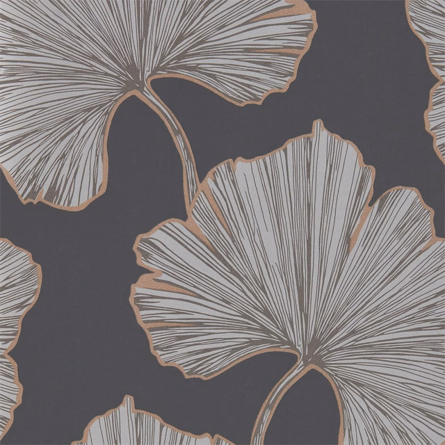 Charcoal wallpaper with oversized silver fan leaves and rose-gold outlines