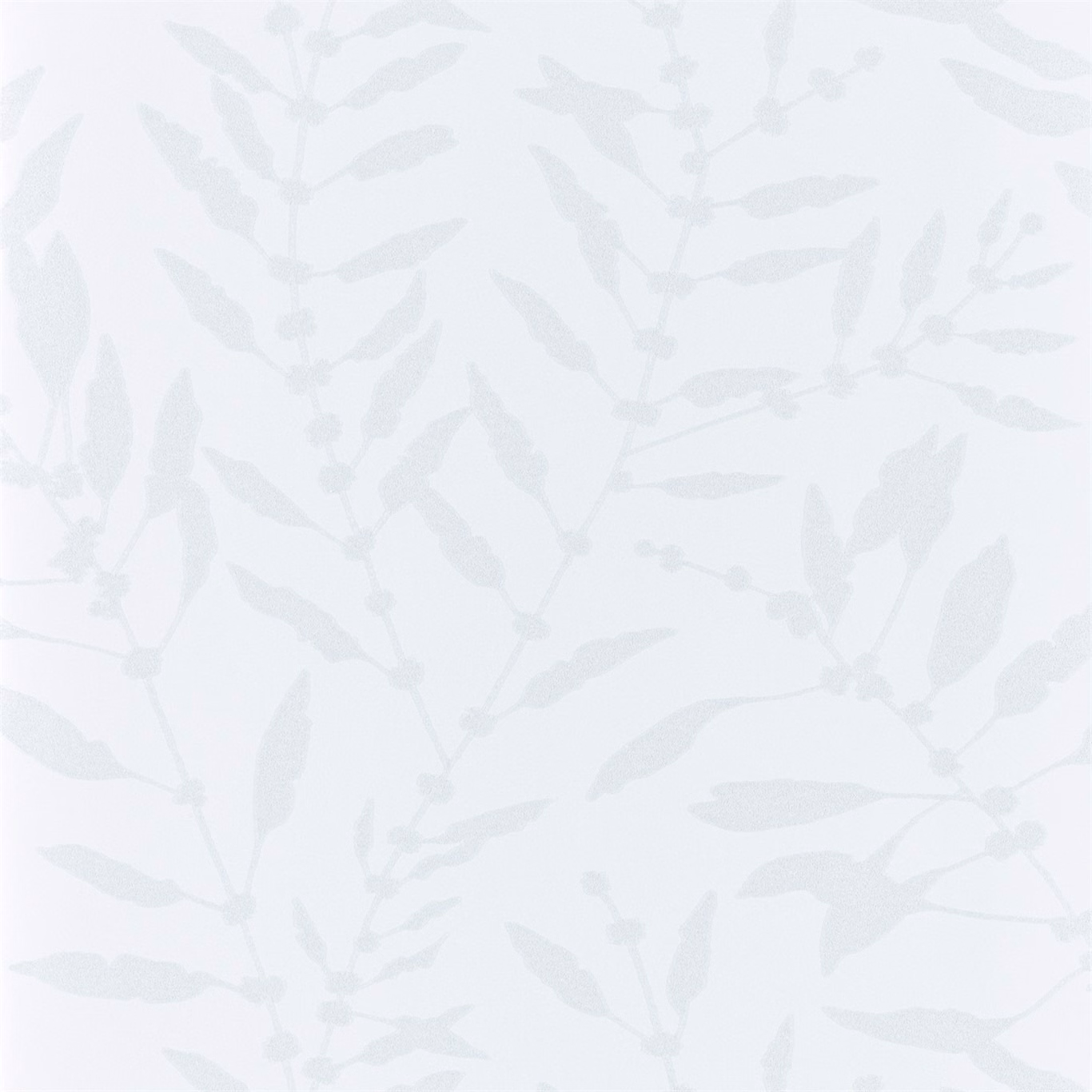Pale blush wallpaper with delicate silvery grey leafy branches and a softly shimmering ground