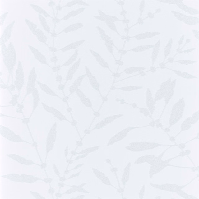 Pale blush wallpaper with delicate silvery grey leafy branches and a softly shimmering ground