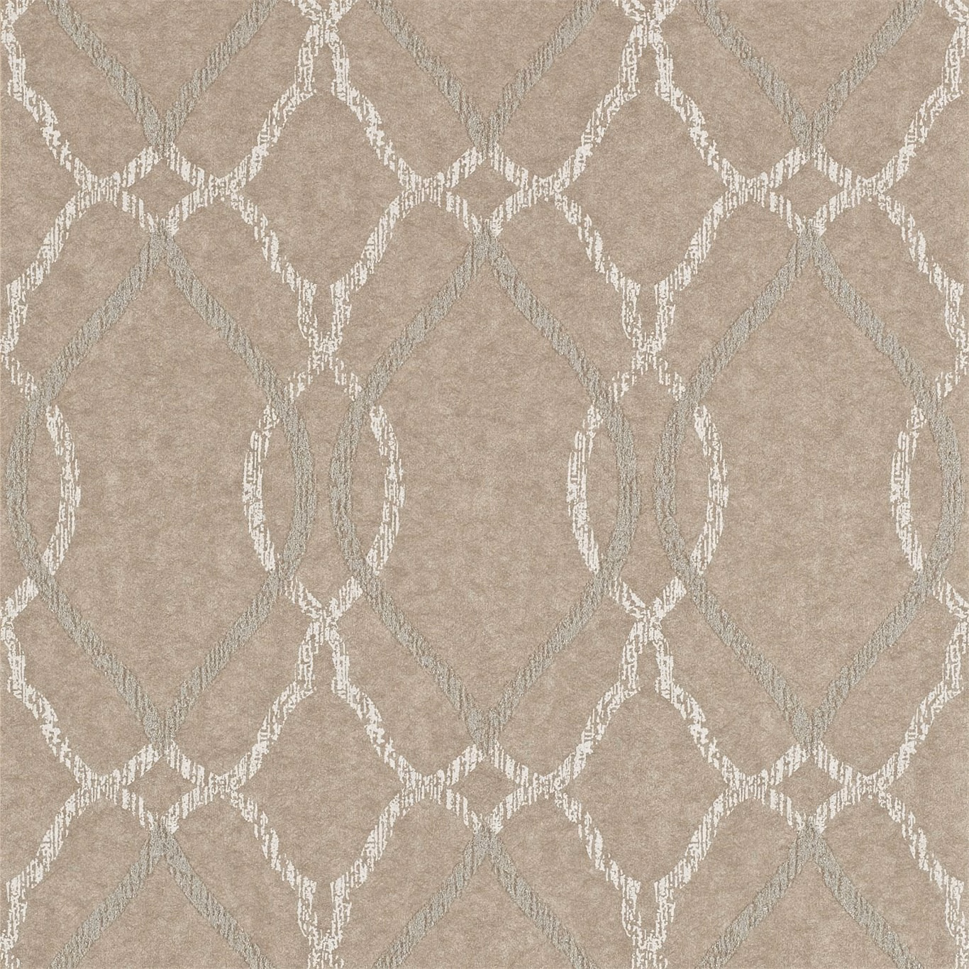 Warm mocha-taupe wallpaper with chalky ivory diamond trellis and cool grey-green accents