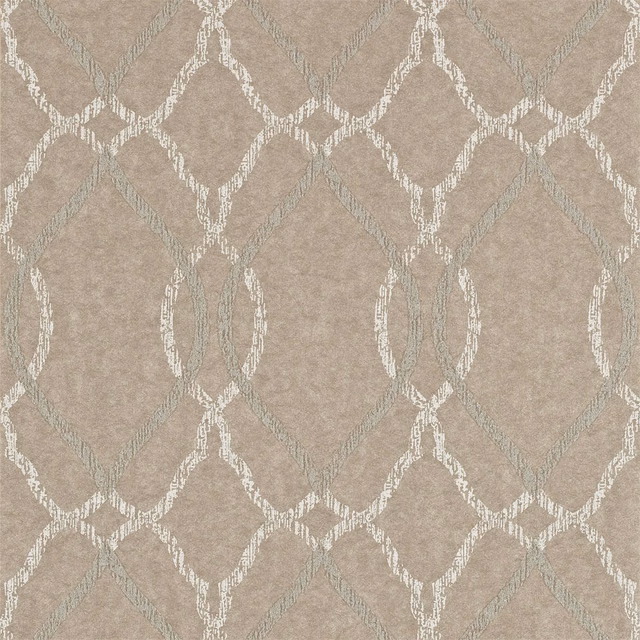Warm mocha-taupe wallpaper with chalky ivory diamond trellis and cool grey-green accents