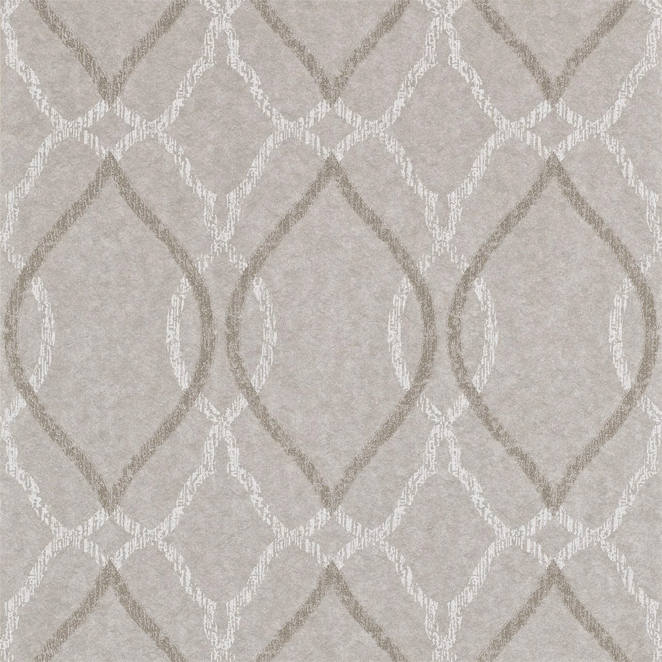 Soft platinum-grey wallpaper with white and taupe interlocking diamond lattice