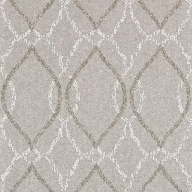 Soft platinum-grey wallpaper with white and taupe interlocking diamond lattice