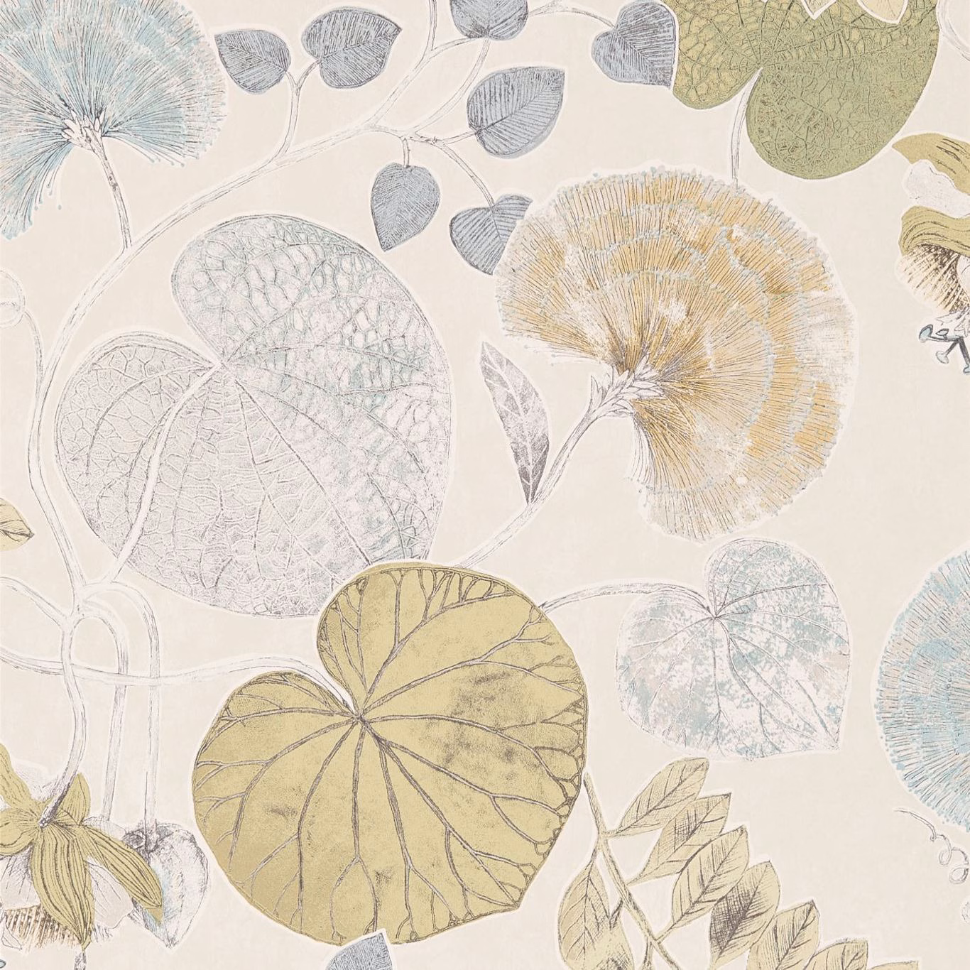 Ivory botanical wallpaper with pale ink-blue leaves, chartreuse foliage and ochre flower heads