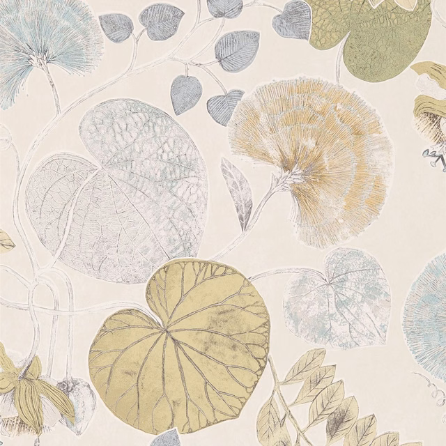 Ivory botanical wallpaper with pale ink-blue leaves, chartreuse foliage and ochre flower heads