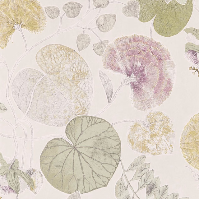 Cream wallpaper with oversized sage leaves, lilac seedheads and fine botanical linework
