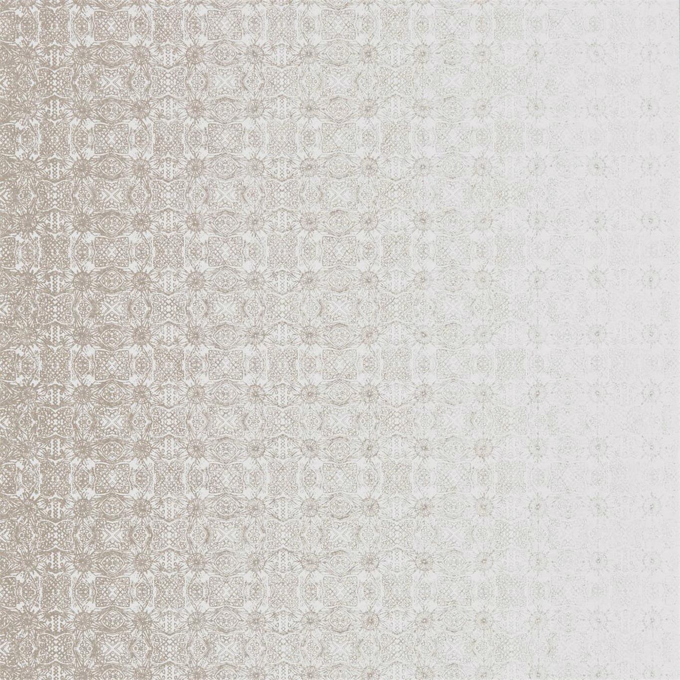 Pale oyster wallpaper with delicate rose-gold geometric floral motifs in a fine repeat
