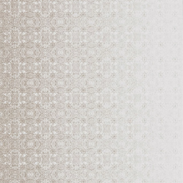 Pale oyster wallpaper with delicate rose-gold geometric floral motifs in a fine repeat